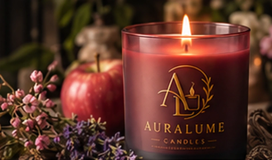 Styled campaign scene of an Auralume candle with pink blossoms and warm golden light.